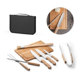 Kit churrasco em estojo de PU e 210D com t�bua em bambu e 7 utens�lios em a�o inox e madeira de Seringueira -  Eco94104