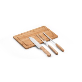 Kit churrasco em estojo de 210D com t�bua em bambu e 3 utens�lios em a�o inox e madeira de Seringueira - Eco94107SP