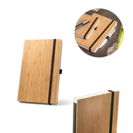 Caderno A5 de capa e contracapa em placa de bambu e lombada em PET 100% reciclado, com p�ginas pautadas recicladas - Eco93582SP