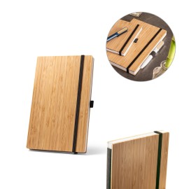 Caderno de bolso com capa e contracapa em placa de bambu e lombada em poli�ster 100% reciclado, com p�ginas lisas recicladas - Eco93583SP